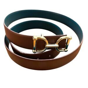 Unique belt with goldtone stirrups buckle two sided leather brown blue adjusts